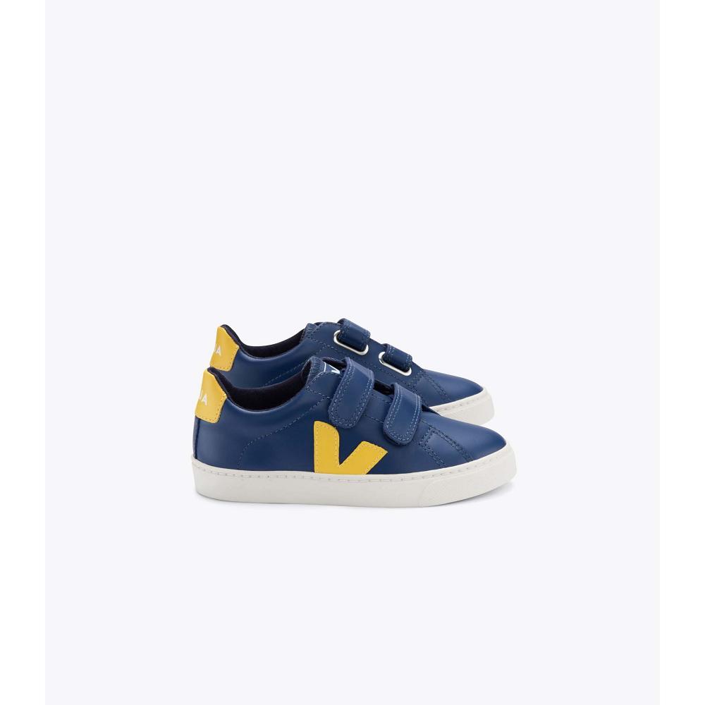 Kids\' Veja ESPLAR LEATHER Sneakers Navy/Yellow | ZA 813YXF